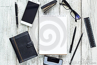 Black and white still life: opened blank notepad, notebooks, pen Stock Photo