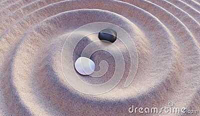 Black and white stones in sand. Yin-Yang symbol. 3D rendered illustration. Cartoon Illustration