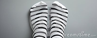 Black and white striped socks on gray background, minimalistic fashion concept Stock Photo