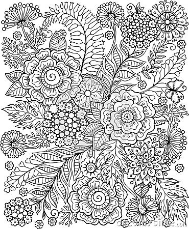 Black-and-white Summer flowe isolated on white. Abstract doodle background made of flowers and butterfly. Vector coloring page Vector Illustration