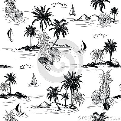 Black and white summer Island hawaiian mood hibiscus flower,plam trees ,ships,coconut tree ,wave in hand drawn style seamless pat Stock Photo