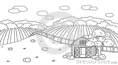 Black white summer spring farm doodle concept in countryside. Cartoon vector cute red barn with open doors, fence clouds, field, Vector Illustration