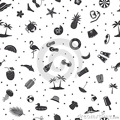 Black and white summer time beach travel items seamless pattern Vector Illustration