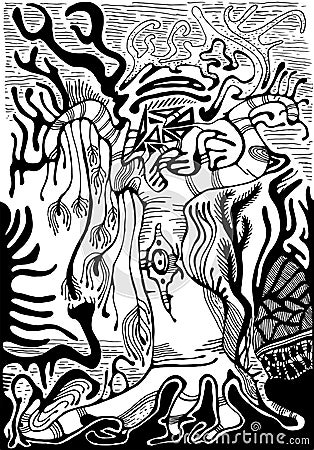 Black and white surreal landscape. Fantasy alien forest, isolate Vector Illustration