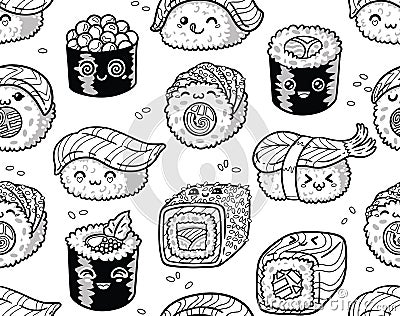 Black and white sushi and sashimi seamless pattern in kawaii style. Vector Illustration