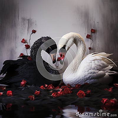 Black and white swans in the shape of a heart on a black background with red roses, love background, Stock Photo