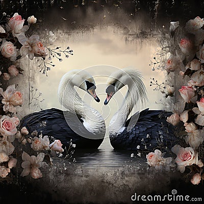 Black and white swans in the shape of a heart on a black background with red roses, love background, Stock Photo