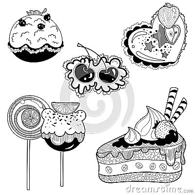 Black and white sweets cakes, pies, cupcakes, candy for confectionery Vector Illustration