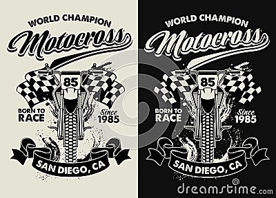 Black and White T-shirt design of Motocross racing garage Vector Illustration