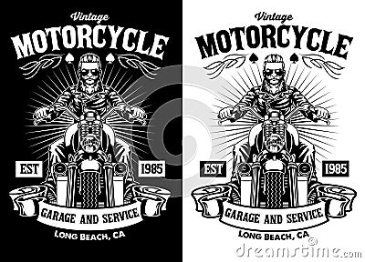 Black and White T-shirt Design of Vintage Motorcycle Garage Rider Vector Illustration