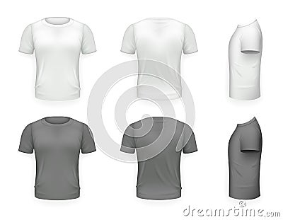 Black and White T-shirt Front Side Back View Template Realistic 3d Design Icon Transparent Background Isolated Vector Vector Illustration