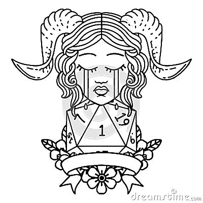 crying tiefling face with natural 1 D20 Dice illustration Vector Illustration