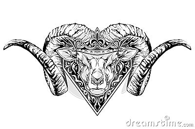 Black and white tattoo of a ram head in crown. Vector Illustration