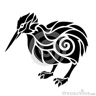Black and white tattoo with stylized bird kiwi Vector Illustration
