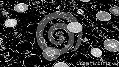 Black and white technological background with internet, communication, online shopping signs. Animation. Monochrome Stock Photo