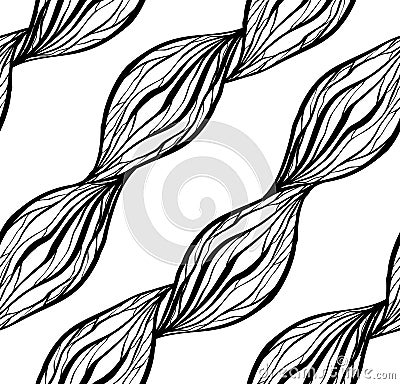 Black white texture with wavy hair lines. Diagonal braids and chains. Vector pattern Vector Illustration