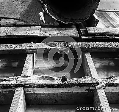 Black and White Textures in Old Wood and Iron Inside Abandoned Cannery Building Stock Photo