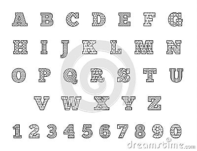 Black and white thin line font. Linear alphabet with different patterns. Vector Illustration