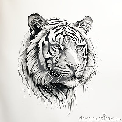 Black And White Tiger Head Tattoo: Mural Style Art On White Background Stock Photo