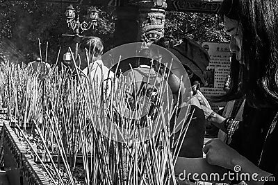 Black and white tone Buddhist prayer sticks burning in the censer at Po Lin Monastery, Lantau Island, Hong Kong Editorial Stock Photo