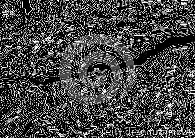 An black and white Topographic map lines 100 m labeling, level curves, contour, terrain path, travel background. Geographic Stock Photo
