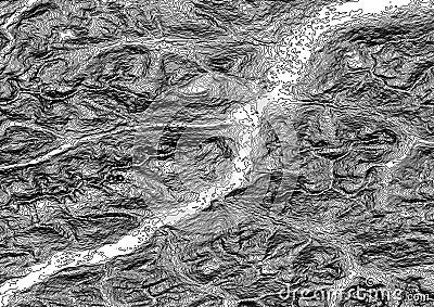 An black and white Topographic map lines 25 m, level curves, contour, terrain path, travel background. Geographic abstract grid. Cartoon Illustration
