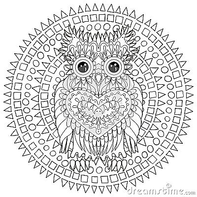 Black white tracery doodle of the owl. Vector Illustration