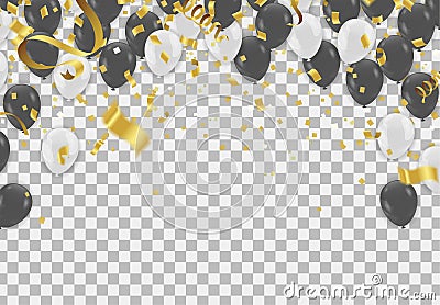 Black and white transparent helium balloons on white background. Flying latex ballons. Vector Illustration