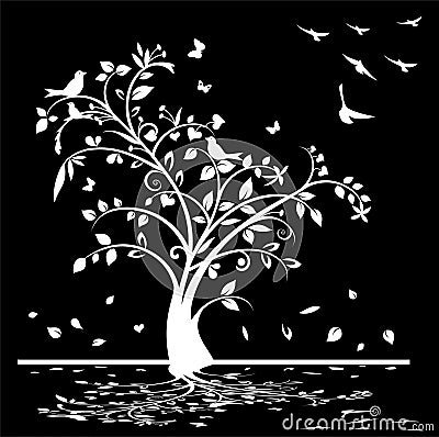 Black and white tree with birds and butterflies Vector Illustration