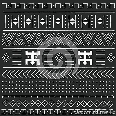 Black and white tribal ethnic pattern with geometric elements, traditional African mud cloth, tribal design Vector Illustration