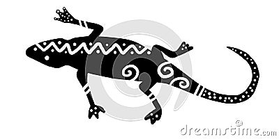 Black and white tribal lizard design with bold modern stripes, dots and wavy lines, tropical gecko or salamander Stock Photo