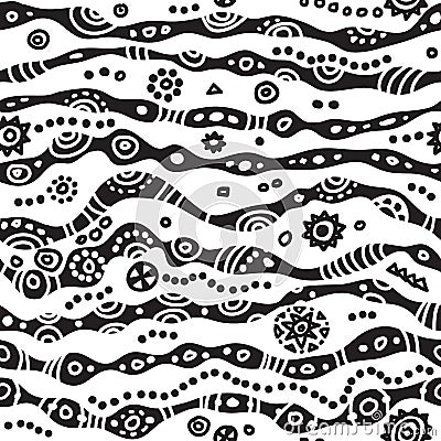 Black and white tribal seamless pattern. Wavy striped texture. Hand drawn vector ethnic background. Vector Illustration