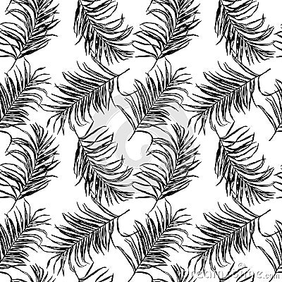 Black and white tropical palm tree leaves seamless pattern Stock Photo