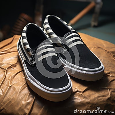 Black And White Vans Slip Ons With Stripes - Stylish And Comfortable Footwear Stock Photo