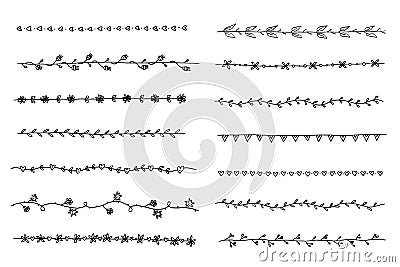 Black and white vector border set. simple isolated dividers with leaves, branches, flowers and hearts. hand drawn borders. Vector Illustration