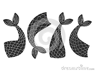 Black and white vector fishes, mermaids tails collection Vector Illustration