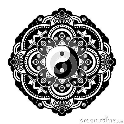 Black and white vector henna tatoo mandala. Yin yang decorative symbol. China style Vector Illustration