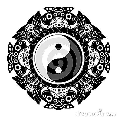 Black and white vector henna tatoo mandala. Yin yang decorative symbol. China style Vector Illustration