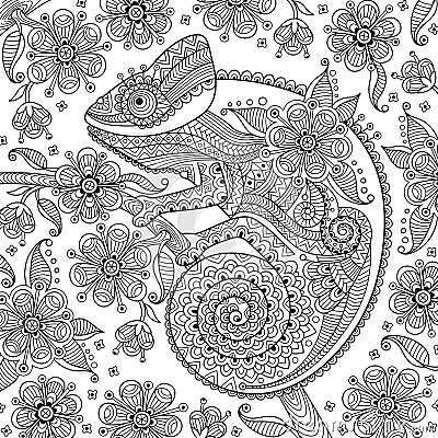 Black and white vector illustration with a chameleon in ethnic patterns on the flowering branch. It can be used as Vector Illustration