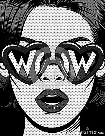 Pop art portrait with wow in sunglasses Cartoon Illustration