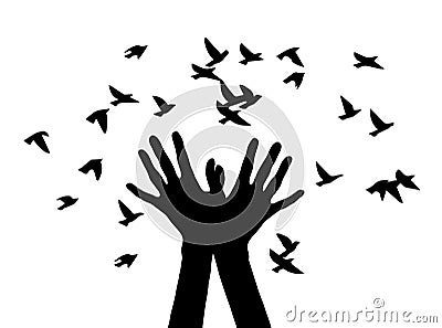 Black and white vector illustration depicting hands, letting out a flock of birds. Vector Illustration