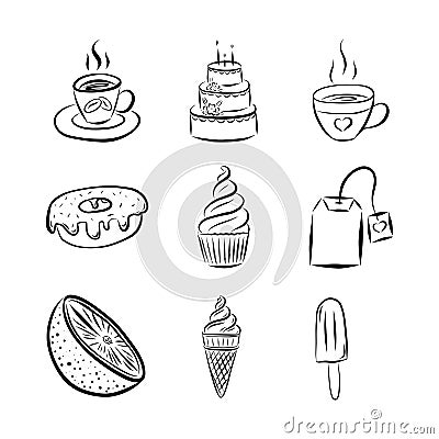 Black and white vector illustration in doodle style. A set of elements. Mug with coffee or tea, cake, ice cream, cupcake Vector Illustration