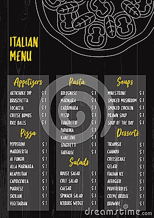 Black and white vector illustration - Italian menu on textured wood background. Vector Illustration