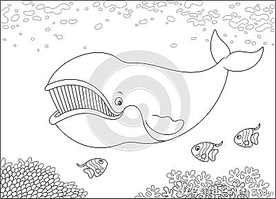 Bowhead whale and funny small fishes Vector Illustration