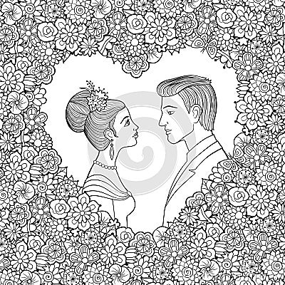 Black and white vector illustration of young couple. Man and woman looking to each other in decorative heart-shaped floral frame. Vector Illustration