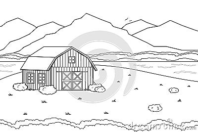 Black white Vector outline cartoon summer spring landscape countryside scene with field house river illustration. Hand drawn Vector Illustration