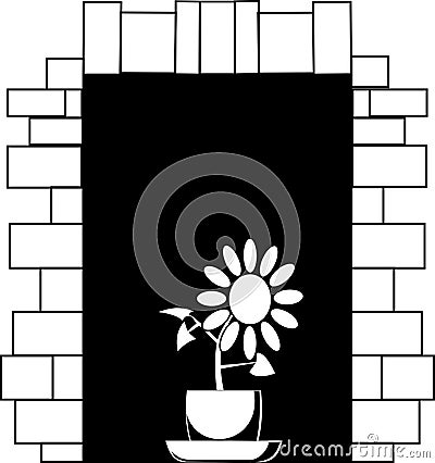 Black-and-white vector picture a flower in a pot on a window Vector Illustration