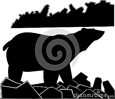 Black-and-white vector picture lonely polar bear on a stony coast Vector Illustration