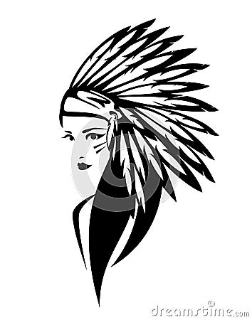Black and white vector portrait of native american indian woman chief Vector Illustration