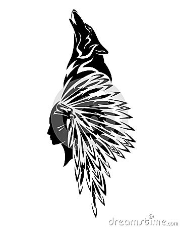 Black and white vector portrait of native american indian woman and howling wolf Vector Illustration